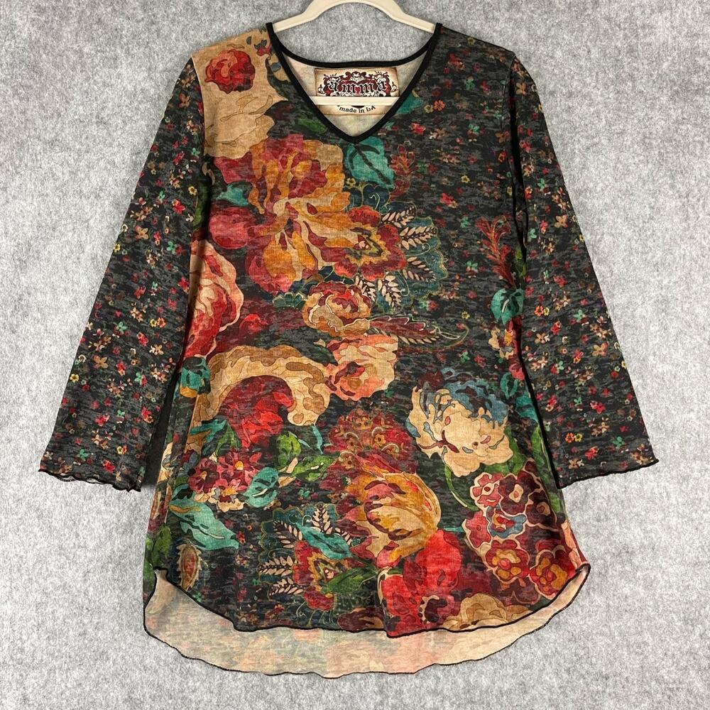 Amma Design Tunic Top Womens Large Floral Indie Boho‎ Peasant Artsy USA